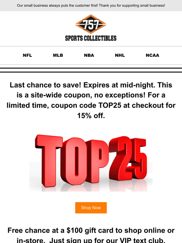 757 sports collectibles: 9 Hours Only! Entire website 30% off! All