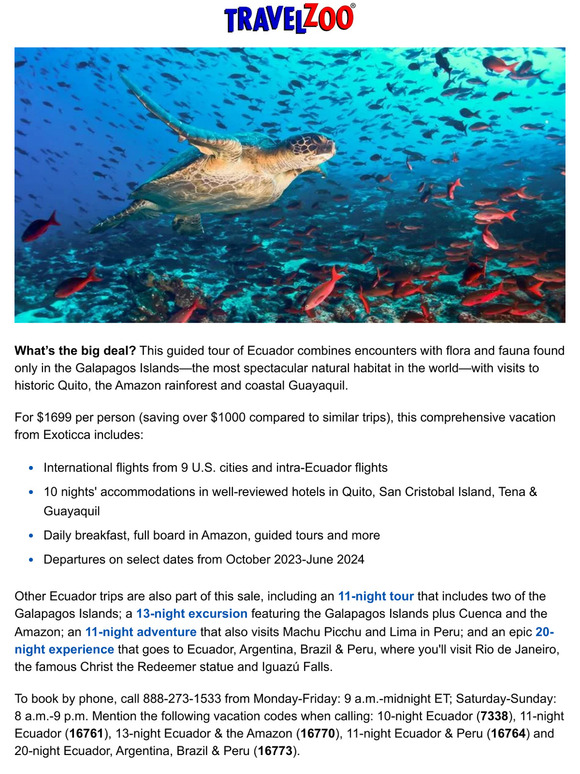 Travelzoo 1699—Ecuador, Galapagos & Amazon 10 nights w/flights Milled