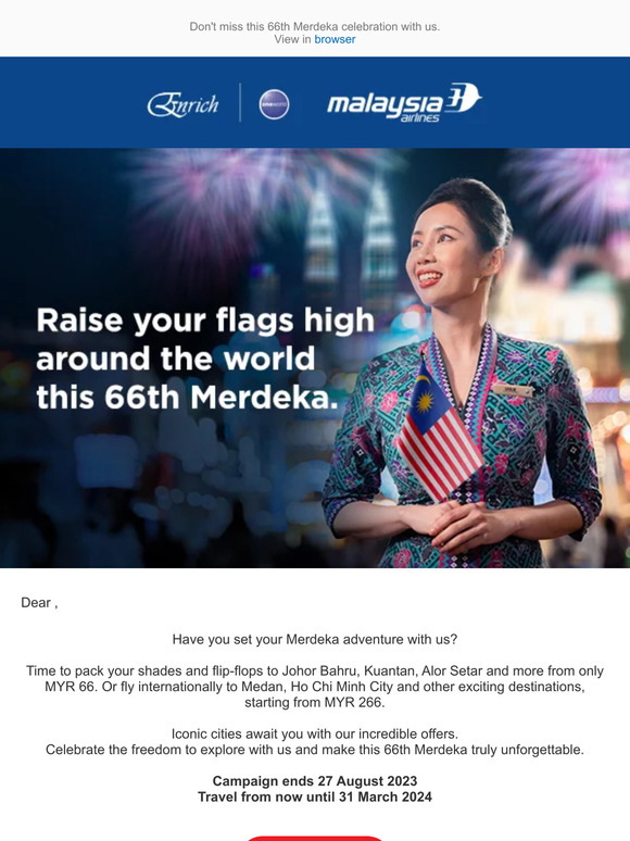 Malaysia Airlines Allin oneway fare from MYR 66 Milled