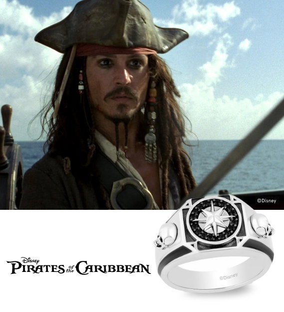 Men’s Disney Treasures Pirates of the Caribbean Black Diamond Compass & Skulls Ring 1/6 ct tw Sterling Silver