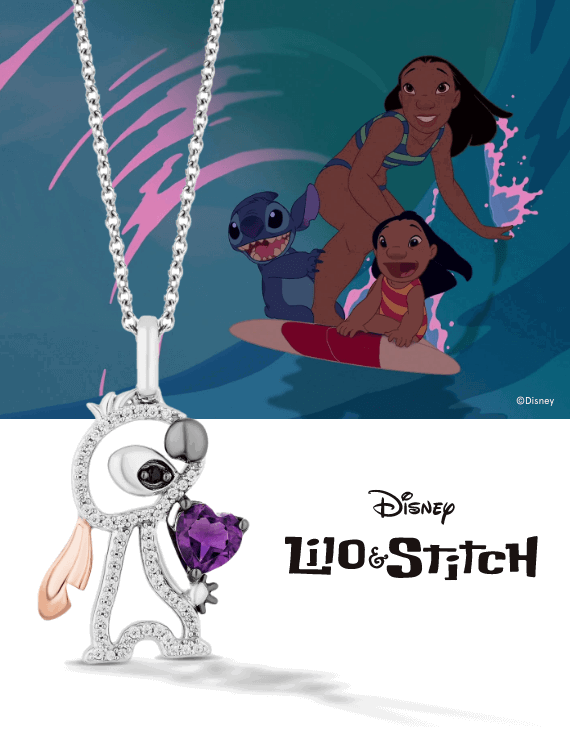 Disney Treasures Lilo & Stitch Amethyst & Diamond Necklace 1/8 ct tw Sterling Silver & 10K Rose Gold 17''