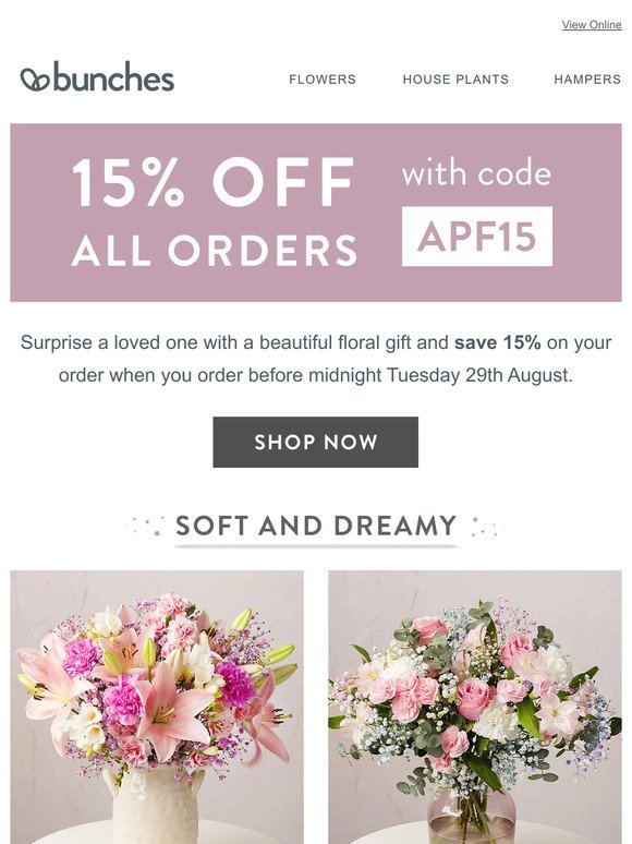 Save 15% on flowers and plants with code AFP15
