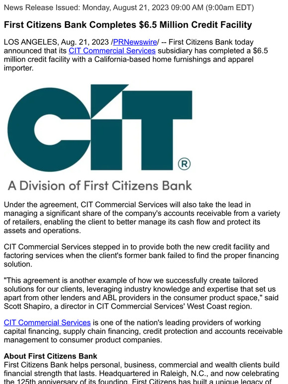 CIT Bank First Citizens Bank Completes 6.5 Million Credit Facility