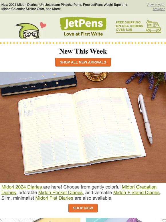 JetPens New 2024 Midori Diaries, Uni Jetstream Pikachu Pens, Free