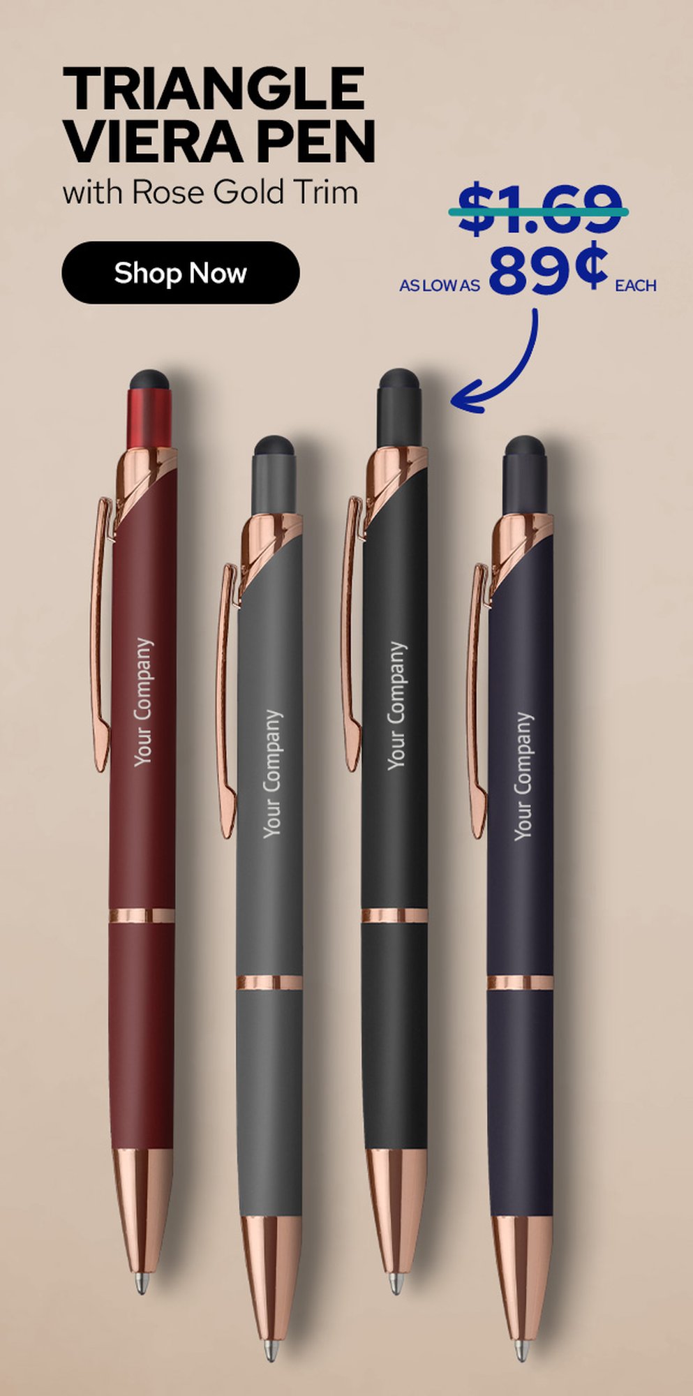 Triangle Viera Pen with Rose Gold Trim for as low as 89¢ ea
