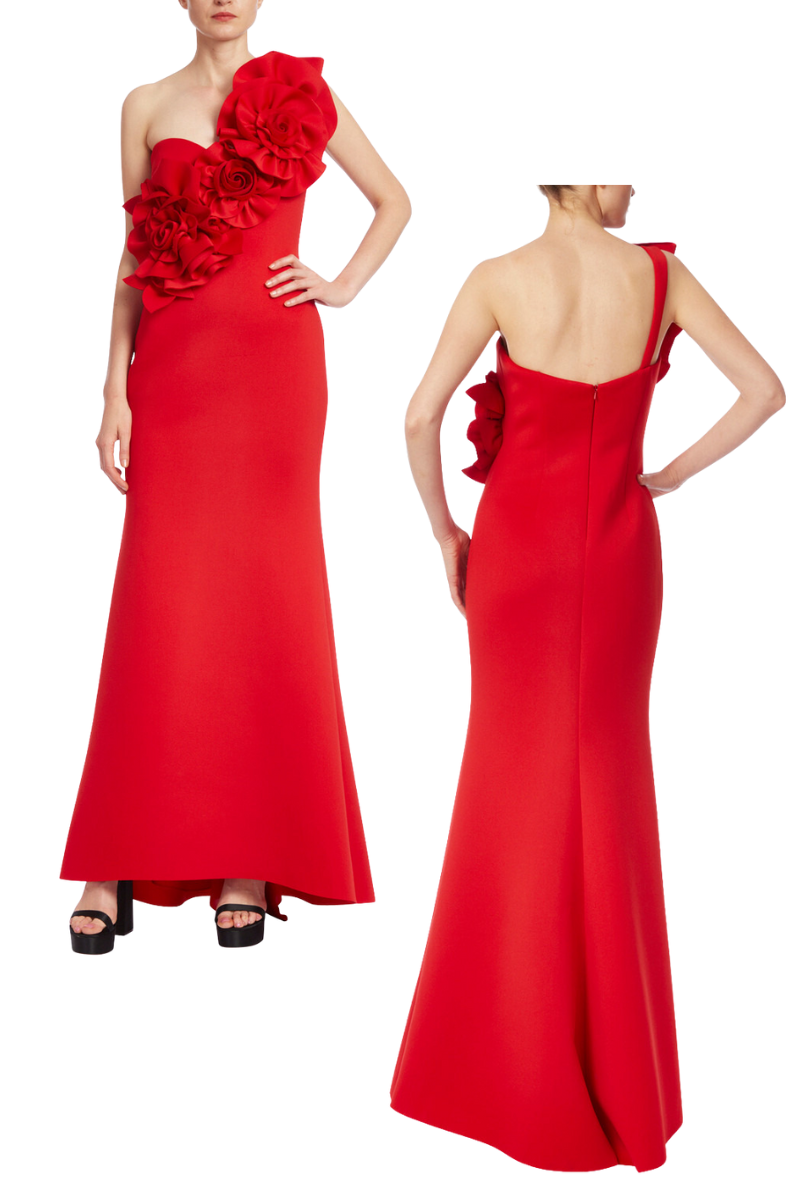 Rosette One-Shoulder Mermaid Evening Gown in Red