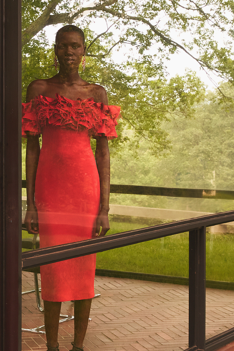 Glam Off-Shoulder Feather and Petal Sheath