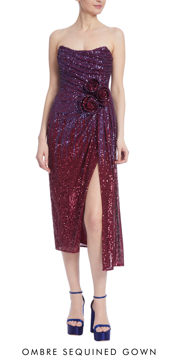 Strapless Ombre Sequined Rosette Gown with Leg Slit