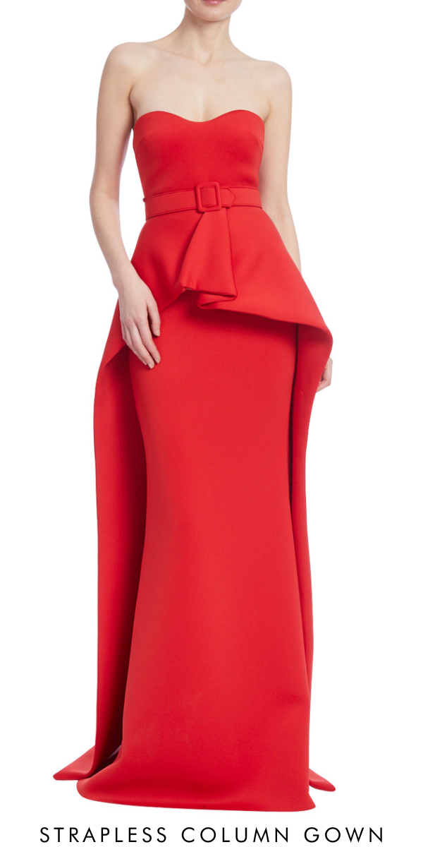 Strapless Elongated Peplum Column Gown