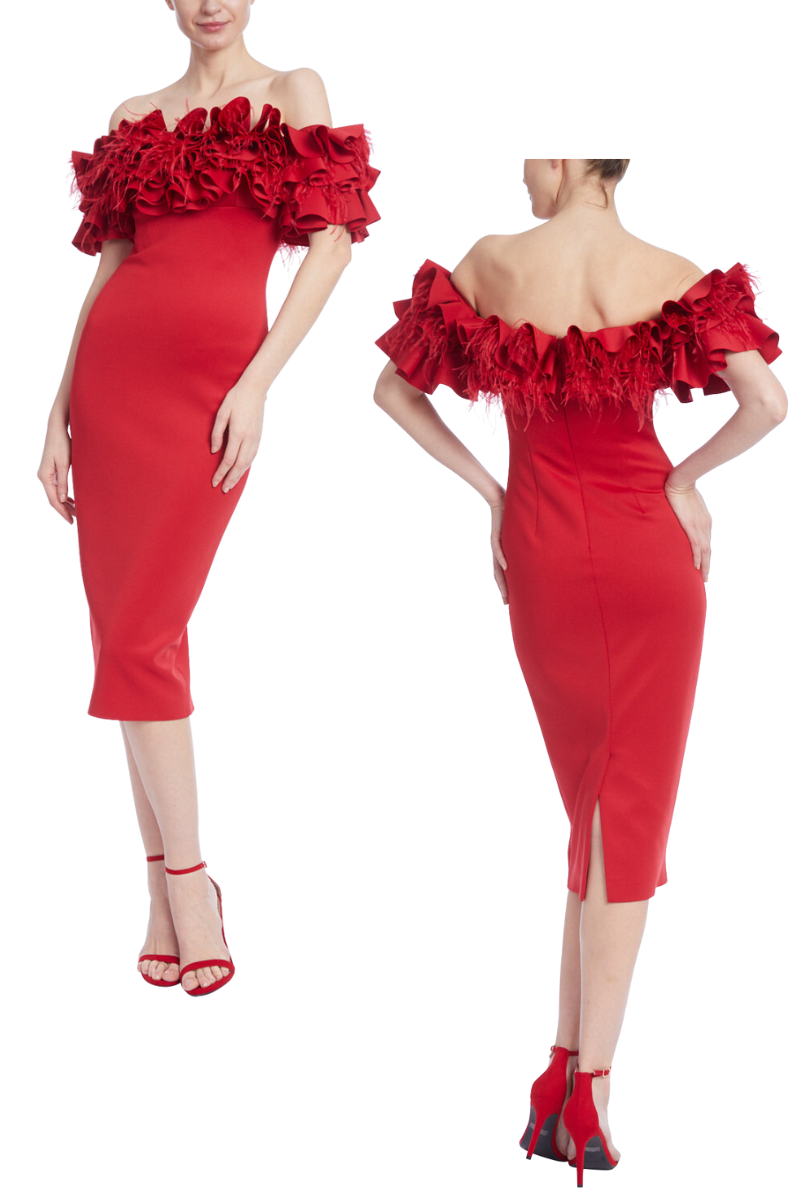 Glam Off-Shoulder Feather and Petal Sheath