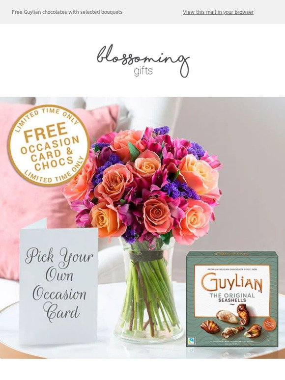 Free Chocolates, Free Card + 20% Off Bouquets