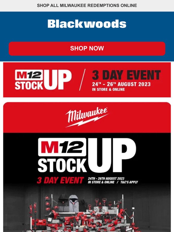 Milwaukee M12 Stock Up 3 Day Event On Now!