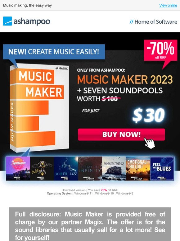 Only from Ashampoo: MAGIX Music Maker 2023 + Massive sound library