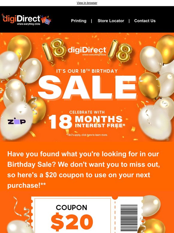 Here's a $20 Coupon to use on our Birthday SALE!