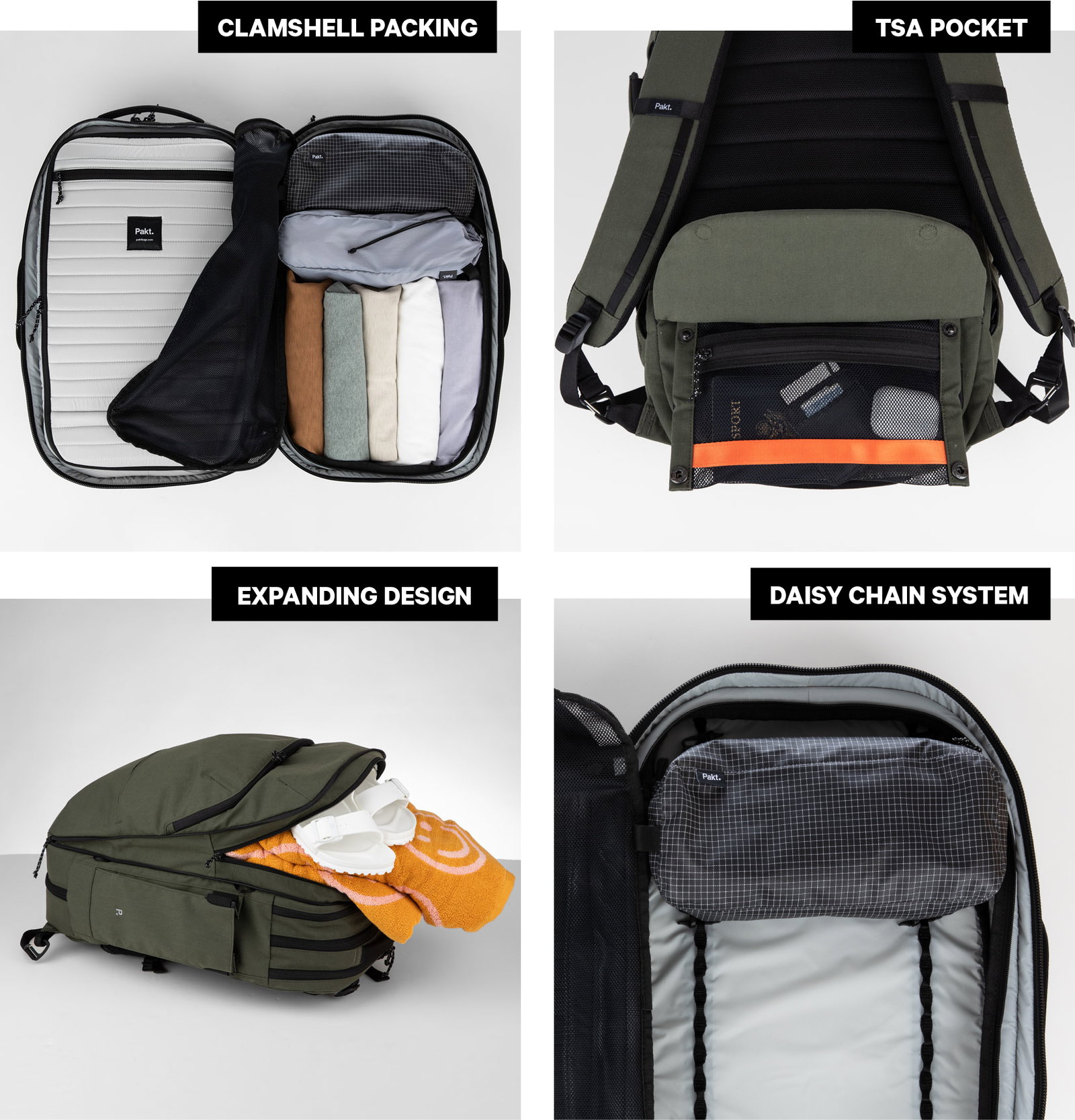 Pakt Travel Backpack Features - Clamshell packing, TSA pocket, Expanding design, Daisy chain system.