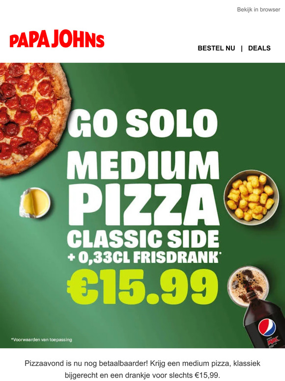 Pizzaavond is nu nog betaalbaarder: €15,99 voor een medium pizza, klassieke bijgerecht en drankje