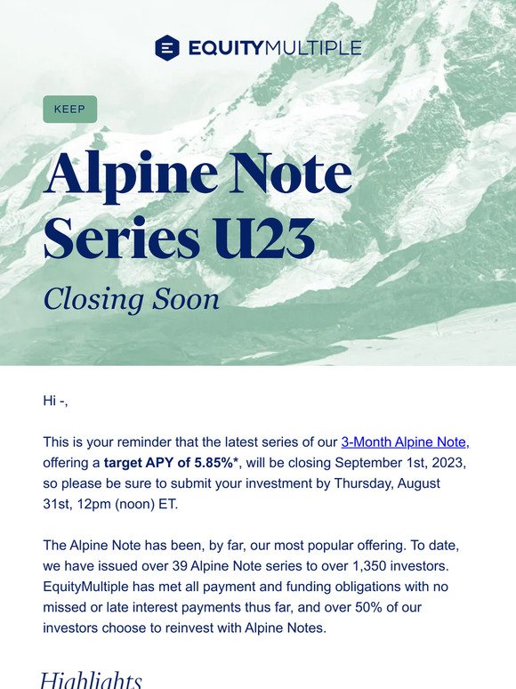 Closing Soon: Alpine Note 3 Month at 5.85% APY