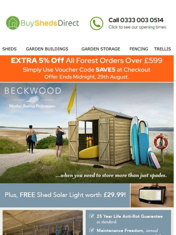 Get 5% off ALL New Forest Beckwood Shiplap Sheds!