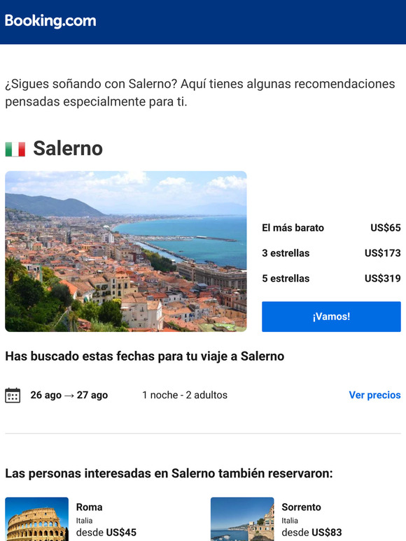 No olvides tu búsqueda en Salerno. ¡Hay precios tan bajos como US$65!