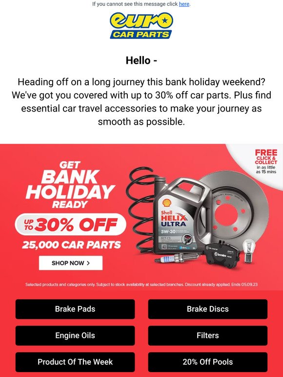 Hey — Get Bank Holiday Ready with Up To 30% Off Car Parts!