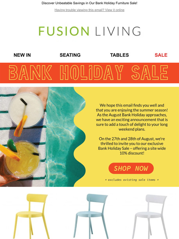 Bank Holiday Extravaganza: 10% Off on Furniture at Fusion Living
