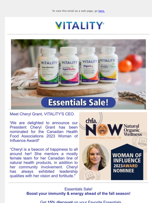 Last Chance!  Essentials Sale: 15% OFF. Plus, Meet Cheryl, VITALITY's CEO.