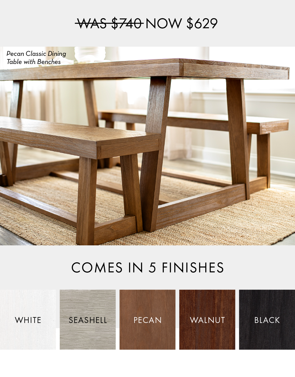 Solid Wood Pecan Dining Table Set with Benches