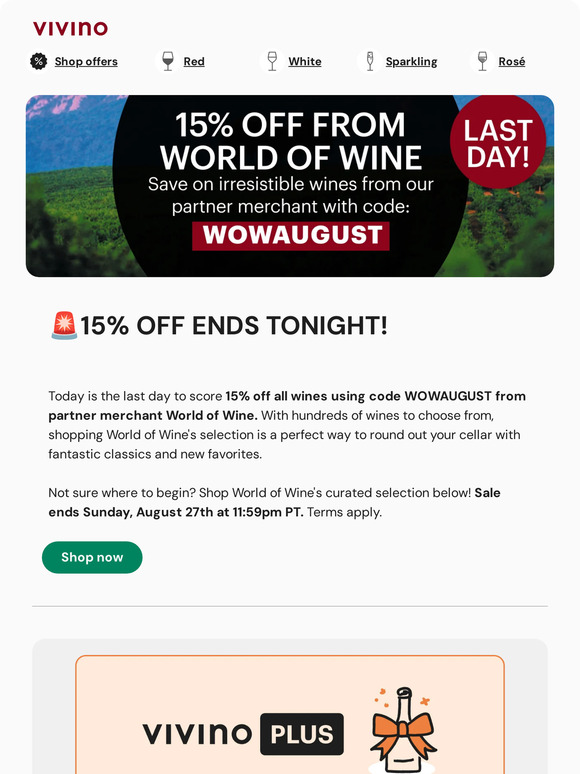 🚨 LAST CALL: 15% OFF WORLD OF WINE ENDS TONIGHT! 🚨