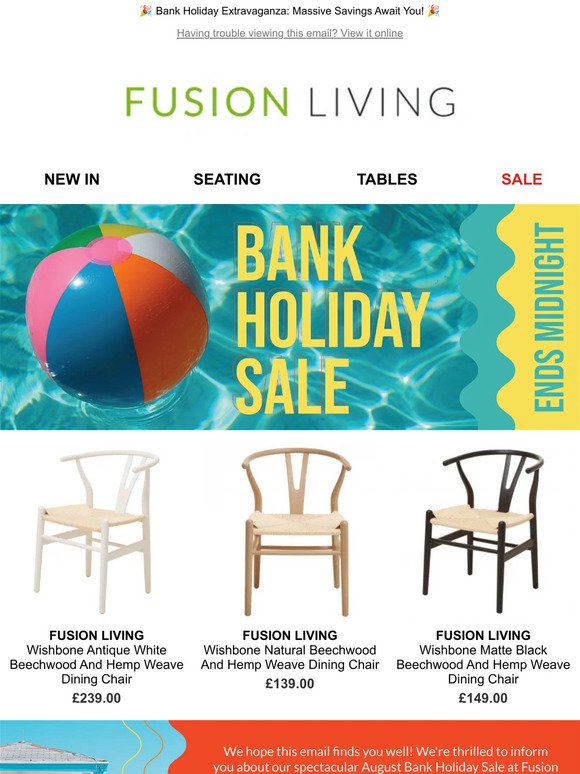 Last Chance for August Bank Holiday Sale at Fusion Living! Ends Midnight Tonight 🕛