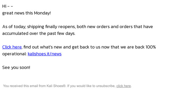 Shipping reopens today!