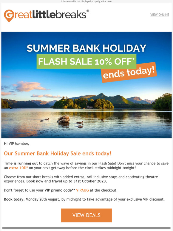 VIP Sale ends today! Book now and save extra 10%