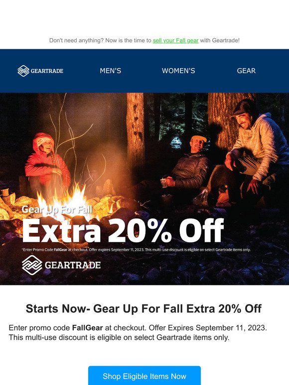 Starts Now. Gear Up For Fall- Extra 20% Off.