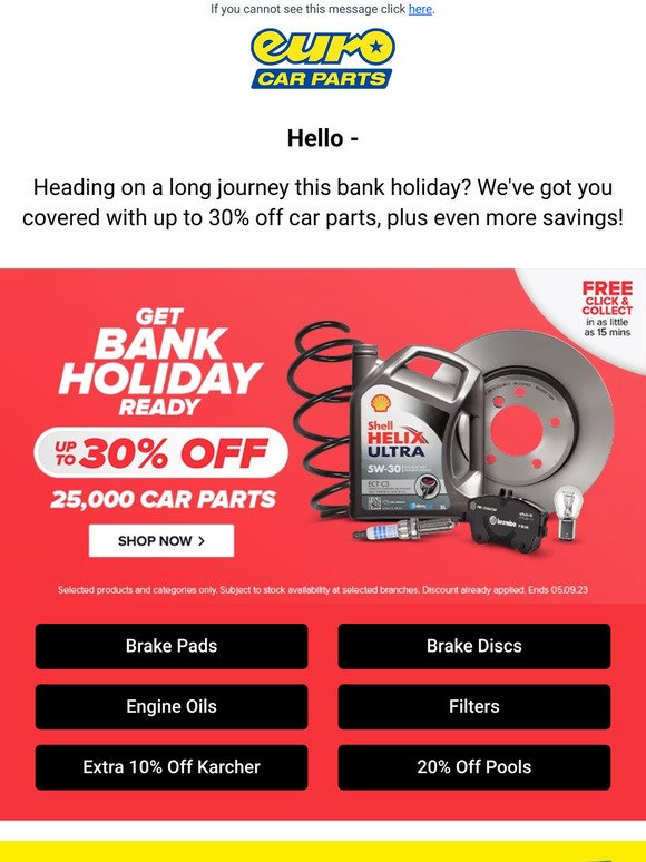 On the move this Bank Holiday? | Get 30% Off Car Parts!