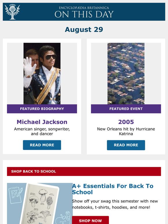 New Orleans hit by Hurricane Katrina, Michael Jackson is featured, and more from Britannica