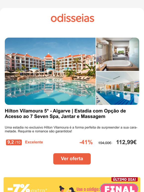 Experimente: Hilton Vilamoura 5* - Algarve | Estadia com Opção de Acesso ao 7 Seven Spa, Jantar e Massagem
