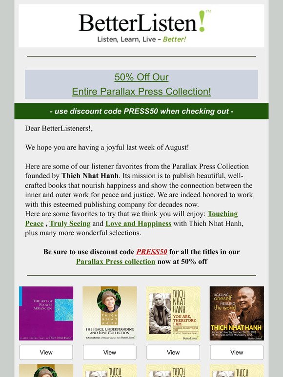 Thich Nhat Hanh Spotlight: Touching Peace by Parallax Press plus many of your favorites...
