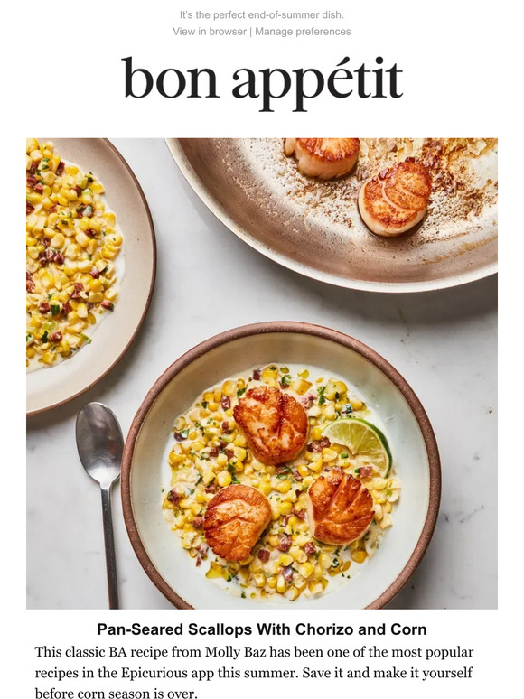 Bon Appétit PanSeared Scallops With Chorizo and Corn Milled