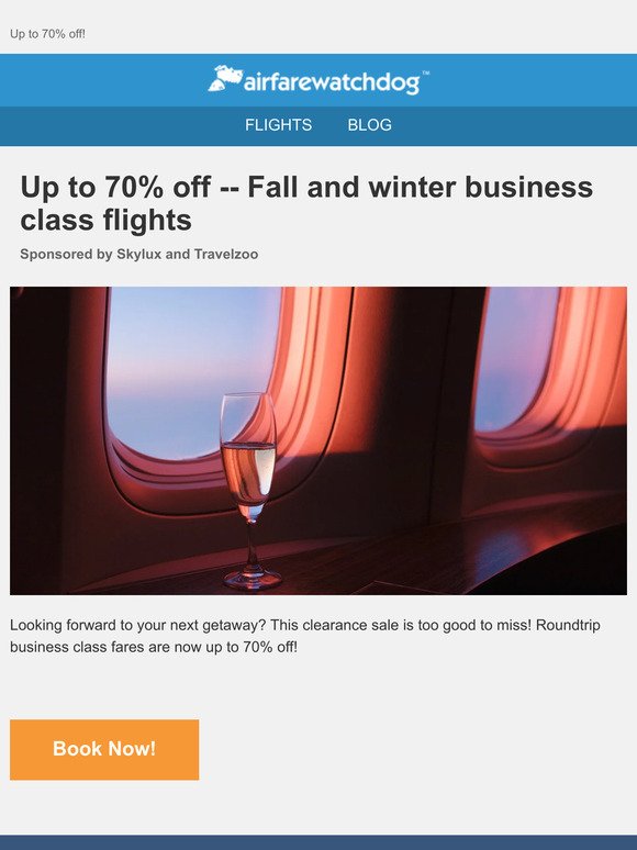 Up to 70% off -- Fall and winter business class flights