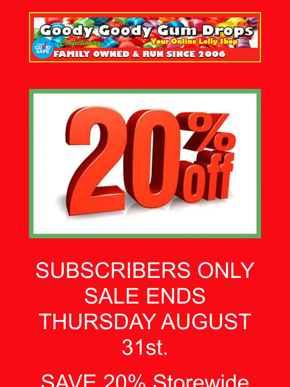 Subscribers Only SALE - SAVE 20% Storewide