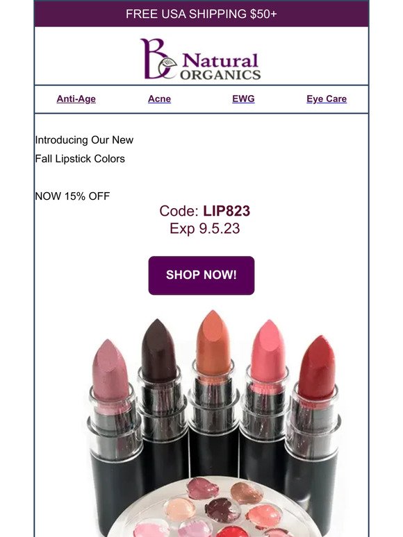 💄 Fall in Love with Organic Lip Colors – 15% Off!
