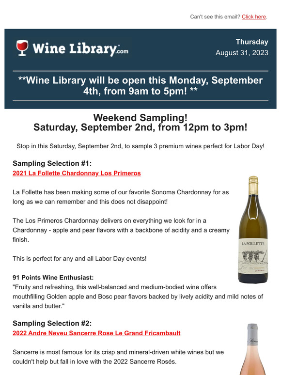 Stop in Saturday to sample 3 premium wines that are
