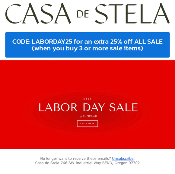 Extra 25% off at Casa de Stela Labor Day Sale