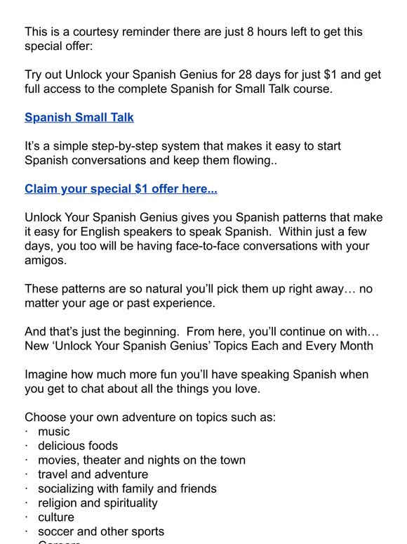 8 hours left to try out Spanish Small Talk for $1