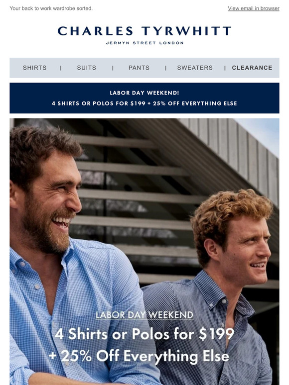 4 Shirts for $199 + 25% OFF Everything Else