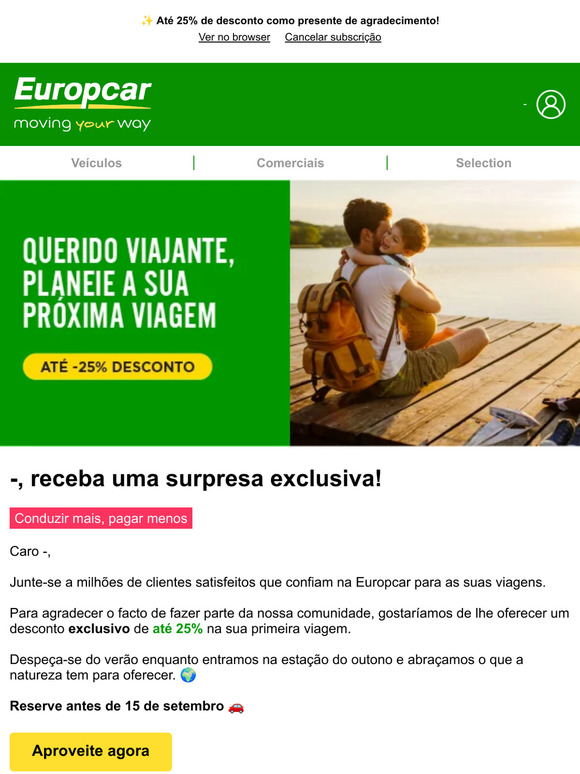 Europcar IT —, reserve pela primeira vez com o nosso desconto