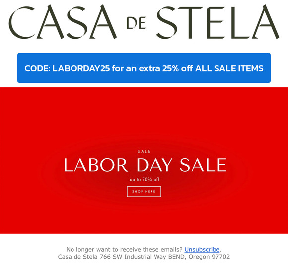 Extra 25% off at Casa de Stela Labor Day Sale