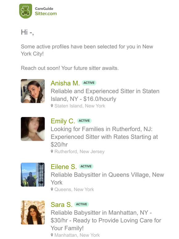 —, 5 new sitters have been selected for you in New York City