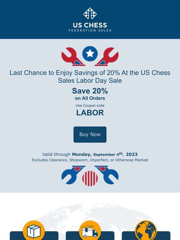 Last Chance to Enjoy Savings of 20% At the US Chess Sales Labor Day Sale