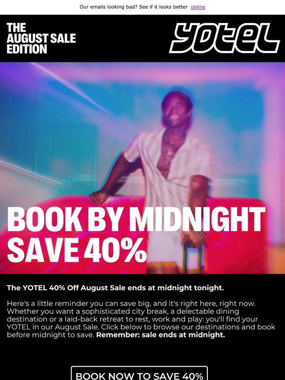 Must End Today: Book by midnight to save 40% in YOTEL's August Sale