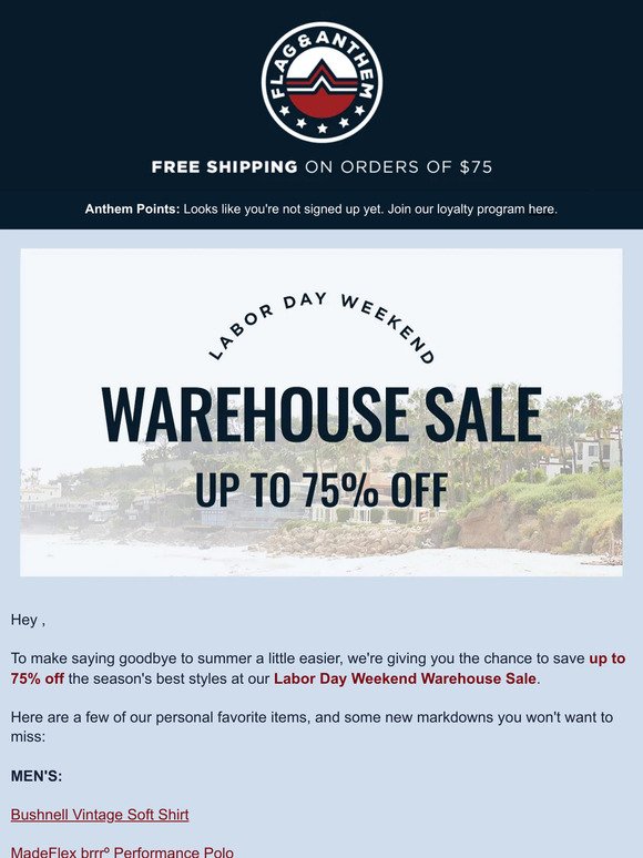 RE: Labor Day Weekend Warehouse Sale